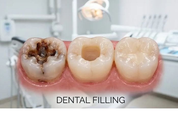 Before and after of a decayed tooth and what a tooth colored filling looks like.