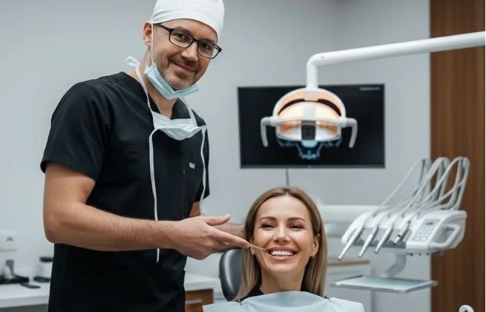 Dr. Bergquist with relieved patient after dental care