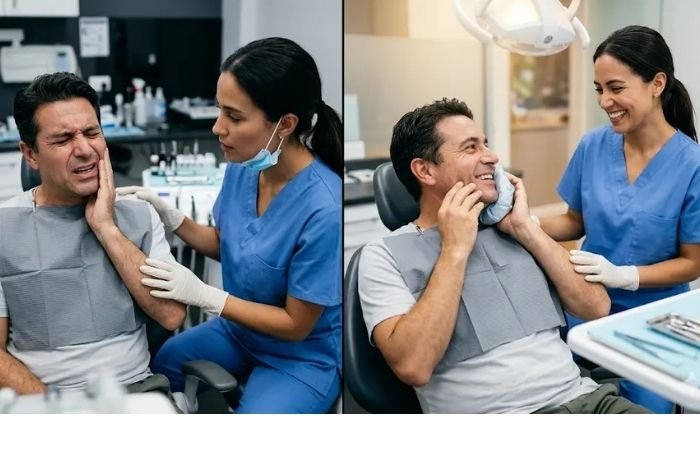 Patient before and after emergency extraction appointment