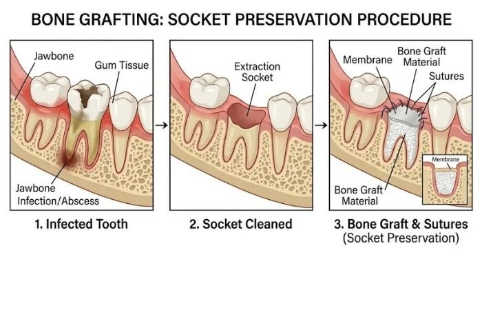 Diagram of socket preservation to save the bone that would otherwise be lost after extraction.